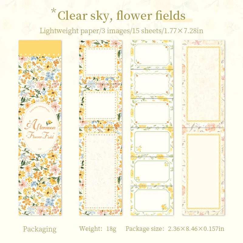 Pastoral Floral Long Sticky Notes,Tearable Afternoon Flower Field Memo Pads,Vintage Floral Background Paper for Journal Collage Qme C