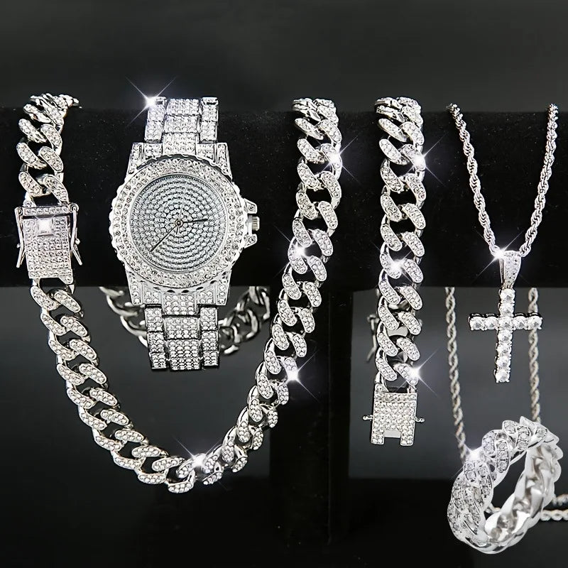 5pcs Men's Watch Set Hip Hop Full Diamond Quartz Watch Set Men's Business Quartz Watch Set Qme Silver