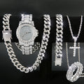 5pcs Men's Watch Set Hip Hop Full Diamond Quartz Watch Set Men's Business Quartz Watch Set Qme Silver