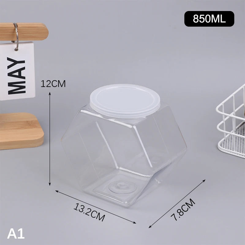 Transparent Hexagonal Candy Cookie Jar Plastic Packaging Jars Sealed Qme 850ml