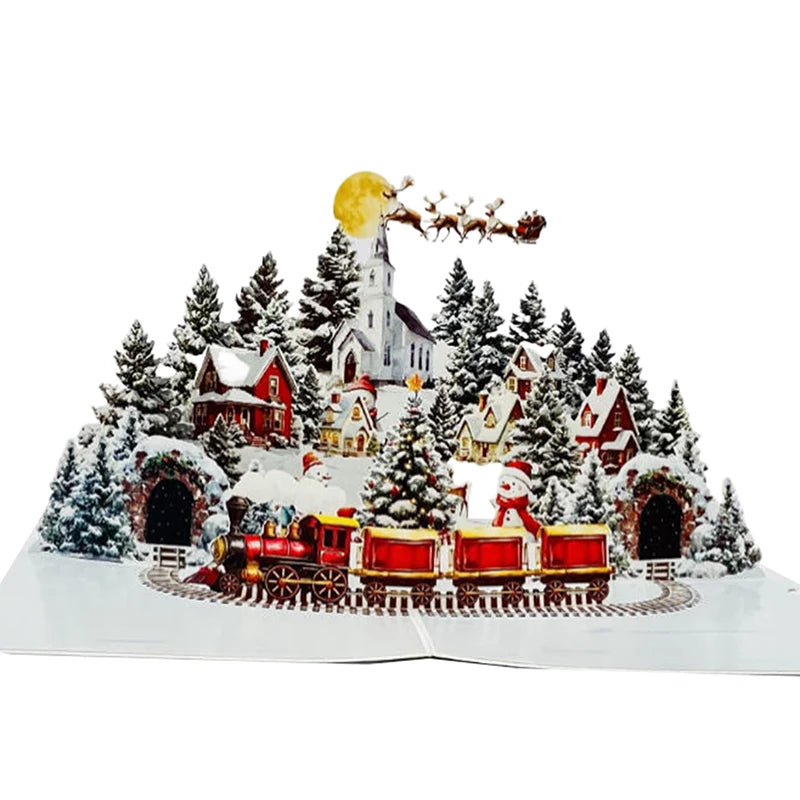 3D Christmas Card Night Before Scene Santa Reindeer Snowy Village Qme