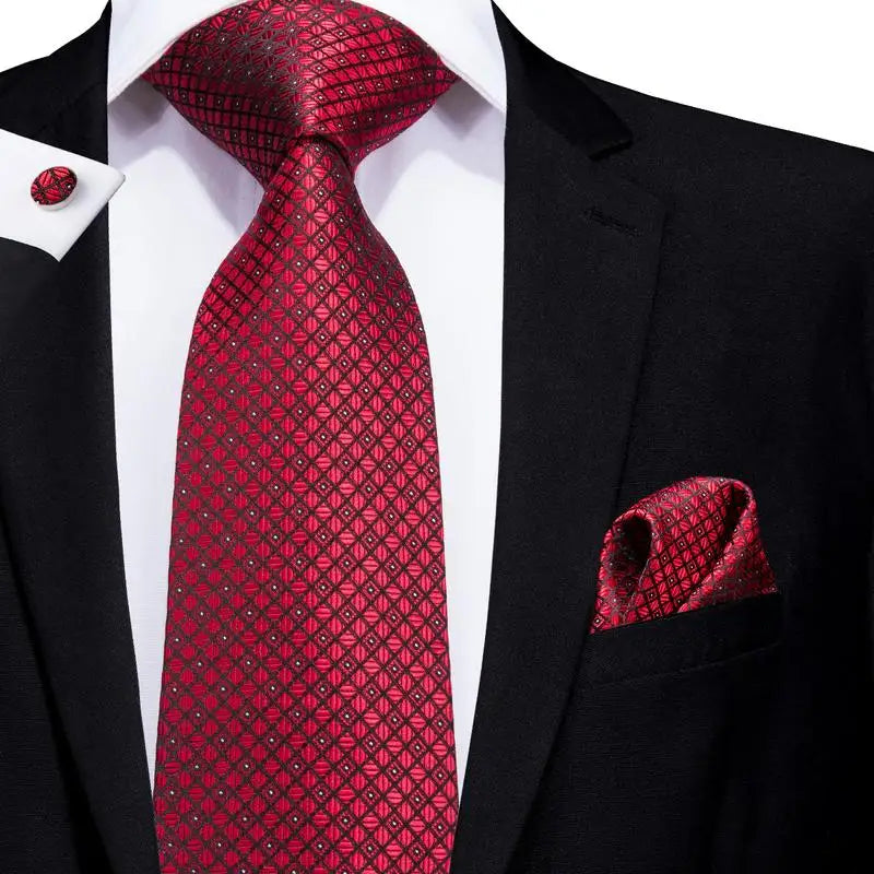 Hi-tie Designer Red Burgundy Plaid Wedding Tie Men Handky Cufflink Qme