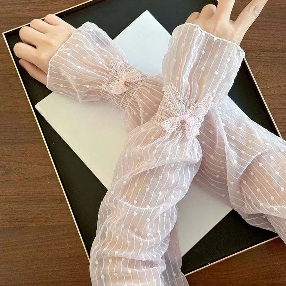1 pair French Retro Bowknot Lace Sun Protection Sleeves Elastic Ruffle Trim Breathable Lightweight Fabric Mesh Arm Covers Qme Pink