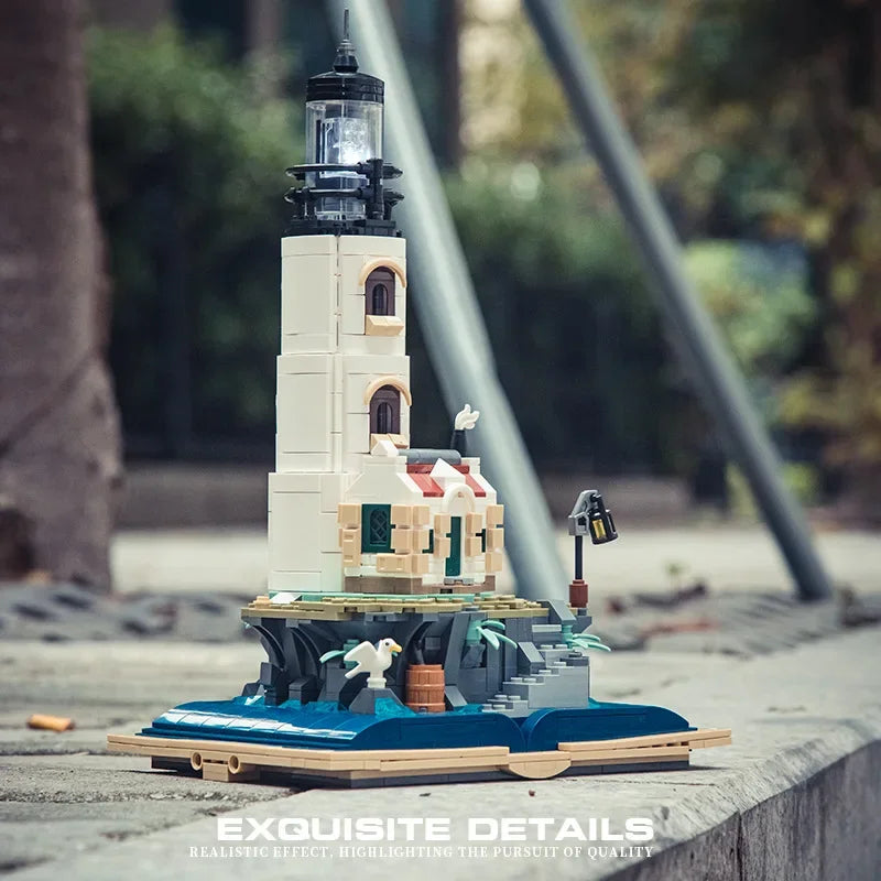 Sea Island Electric Lighthouse Building Blocks Fisherman's Hut Glowing Lighthouse Assembly Model Bricks Desktop Ornaments Gifts Qme