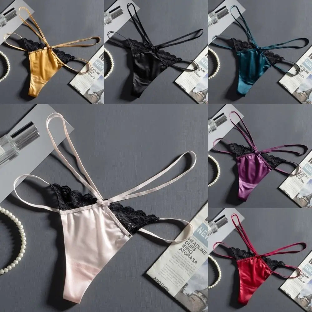 Cotton Crotch Lace Ice Silk Thong Thin Strap Traceless Bikini Briefs Low Waist Underpants T-back Panties Ladies Lingerie Qme