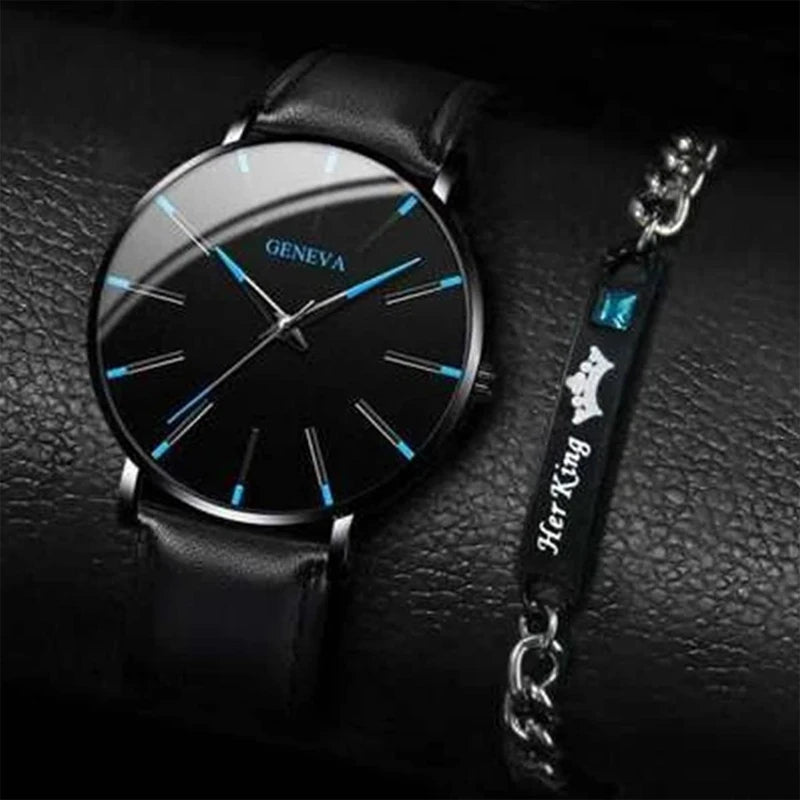 Luxury Geneva Multifunctional Chronograph Men Watch & Black Obsidian Lion Crown Bead Bracelet 2 In 1 Male Accessory Gift Set Qme F Set No Box