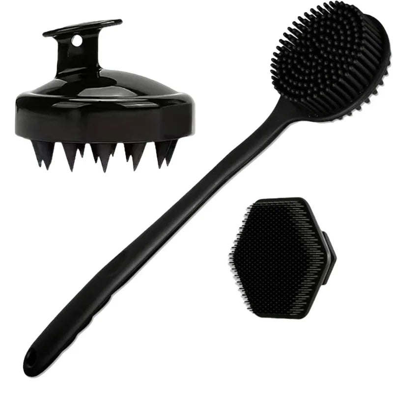 Long Handle Bath Brush Shampoo Scalp Massage Gentle Exfoliating Qme Black 3pcs kit