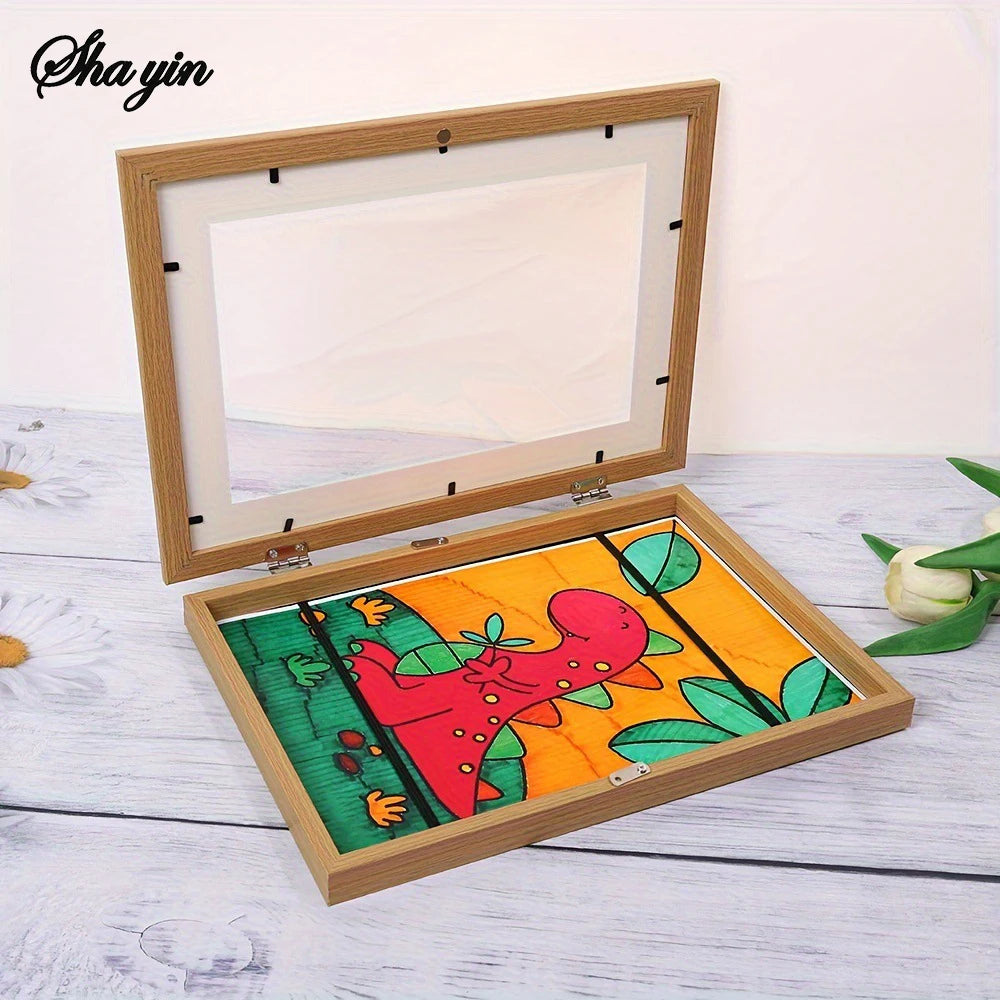 Flip Up Wooden Photo Frame, Magnetic Suction Frame, A4 Children's Photo Frame, Storage Frame, Art Work Certificate Frame Qme Wood color