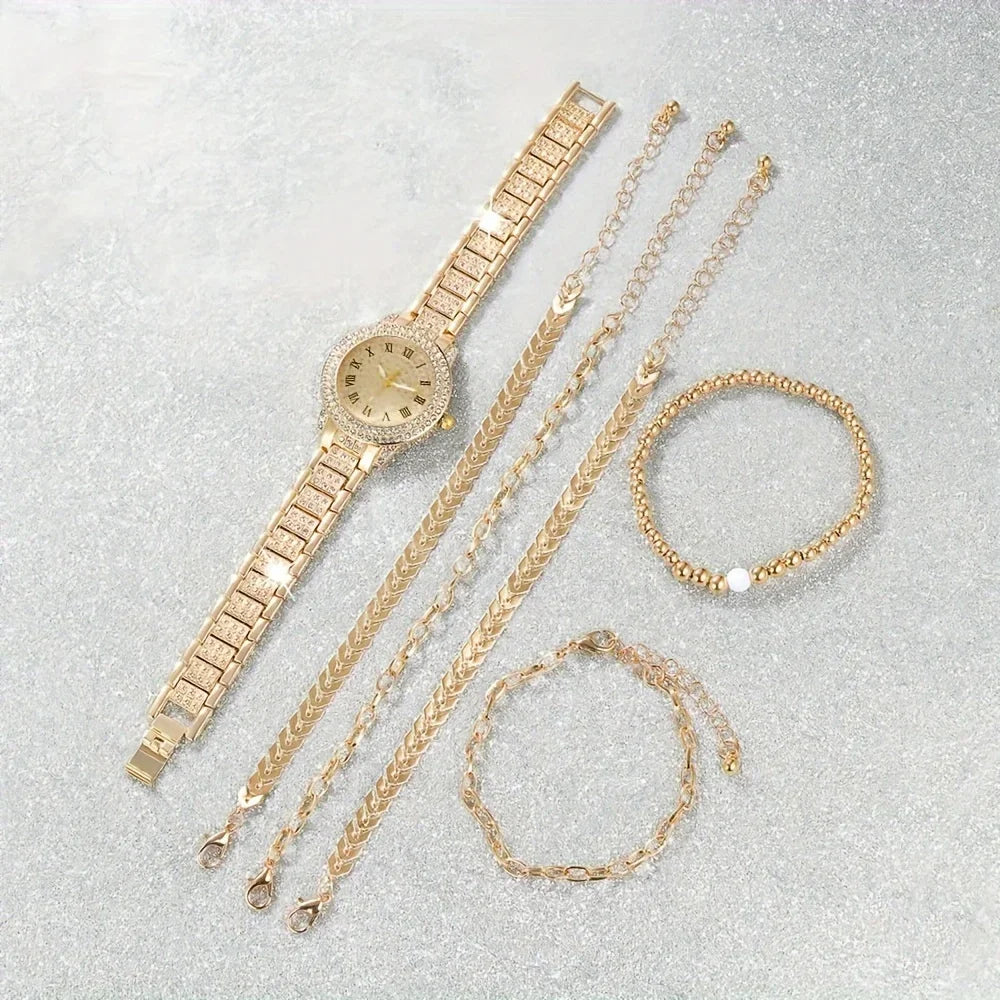 6pcs/set Women's Luxury Rhinestone Quartz Watch Golden Fashion Analog Wrist Watch & Bracelets, Gift For Mom Her Qme