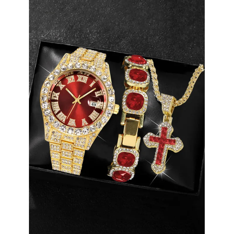 18 styles of hip-hop diamond studded quartz watches, sugar bracelets, cross necklaces, men's large dial set Qme Silver