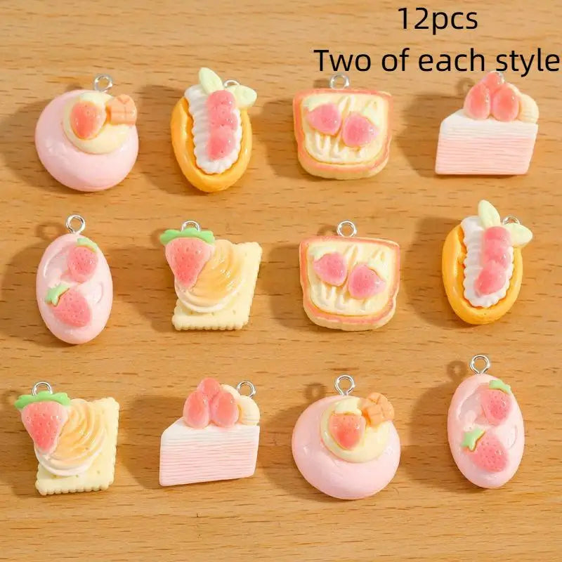 Strawberry Cake Resin Cartoon Charms 10/12Pcs Lovely Design for DIY Bag Pendant Phone Charm Jewelry Making Gift for Craft Lovers Qme 12pcs mix