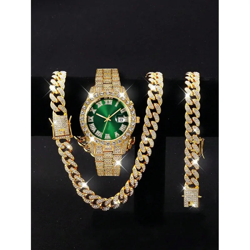 3-piece set hip-hop watch set with rhinestone bracelet and necklace, quartz Qme Ivory