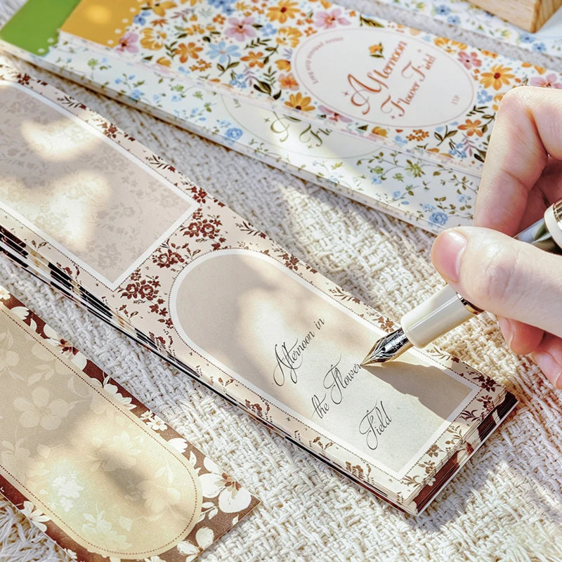 Pastoral Floral Long Sticky Notes,Tearable Afternoon Flower Field Memo Pads,Vintage Floral Background Paper for Journal Collage Qme