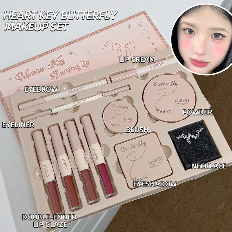 Makeup Gift Box Butterfly Bow Heart Limited Lipstick Powder Blush Eyeshadow Makeup Gift Box Set and Necklace Gifts for Women Qme Makeup Kits