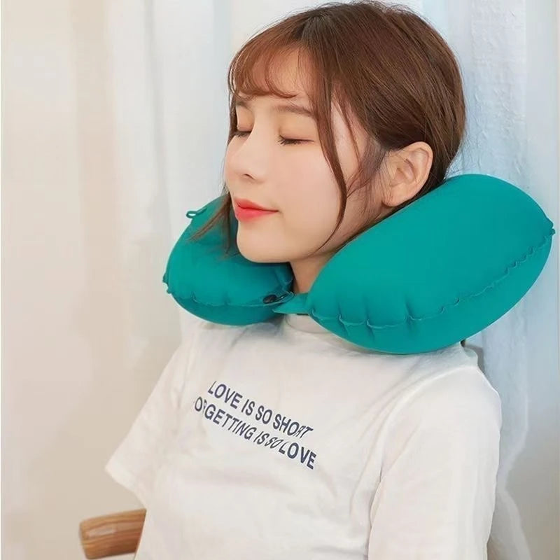 U-shaped Inflatable Pillow Portable Storage Press Travel Neck Car Qme