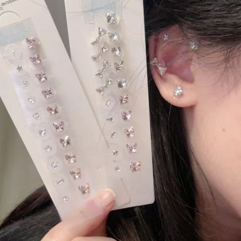 Fashion Bowknot Colorful Rhinestone Pearls Ear Point Stickers Qme