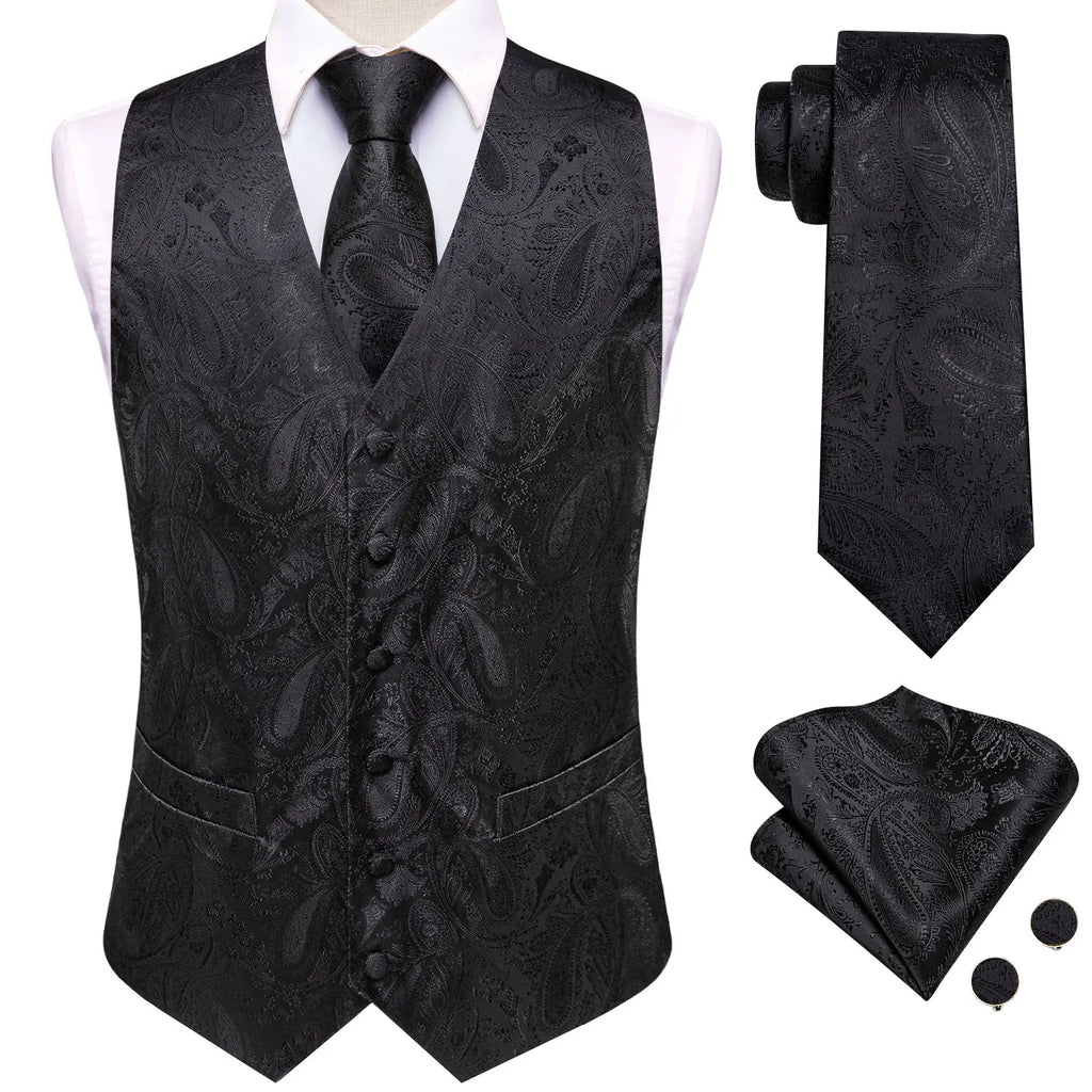 Men's Floral Vest & Tie Hanky Cufflinks Set – Formal Red Light Purple Black Jacquard Waistcoat for Weddings Events Party Gift Qme MJ-3577 XL
