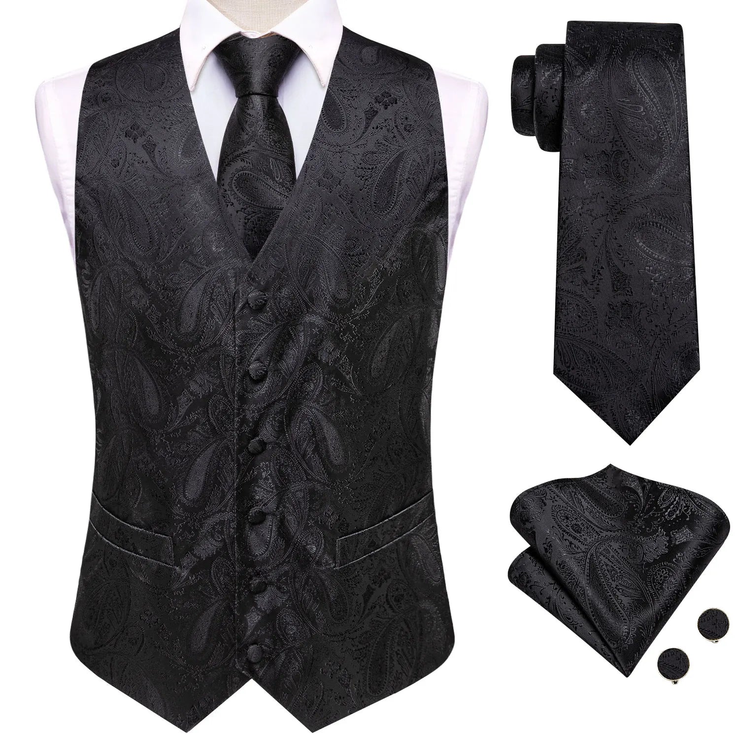 Men's Floral Vest & Tie Hanky Cufflinks Set – Formal Red Light Purple Black Jacquard Waistcoat for Weddings Events Party Gift Qme MJ-3577 XL
