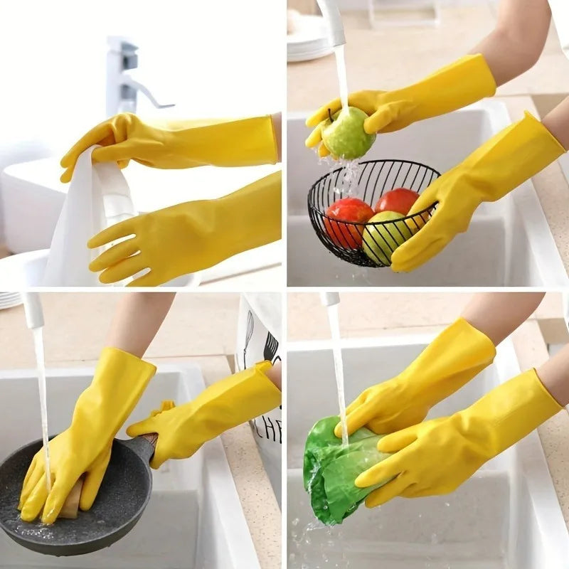 2 pairs of yellow rubber dishwashing gloves - reusable, flexible and durable, suitable for kitchen, bathroom and outdoor cleanin Qme