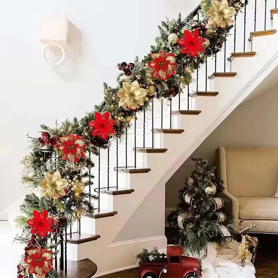 10pcs Glitter Christmas Artificial Flowers Christmas Tree Hanging Ornaments Fake Flower for Home 2025 Xmas New Year Navidad Gift Qme