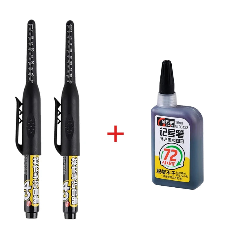 45mm Waterproof Deep Hole Marker Pens Long Nib Head Carpenter Pen Black/Blue/Red Ink for Multi-Purpose Woodworking Hand Tools Qme black-2pen 1ink