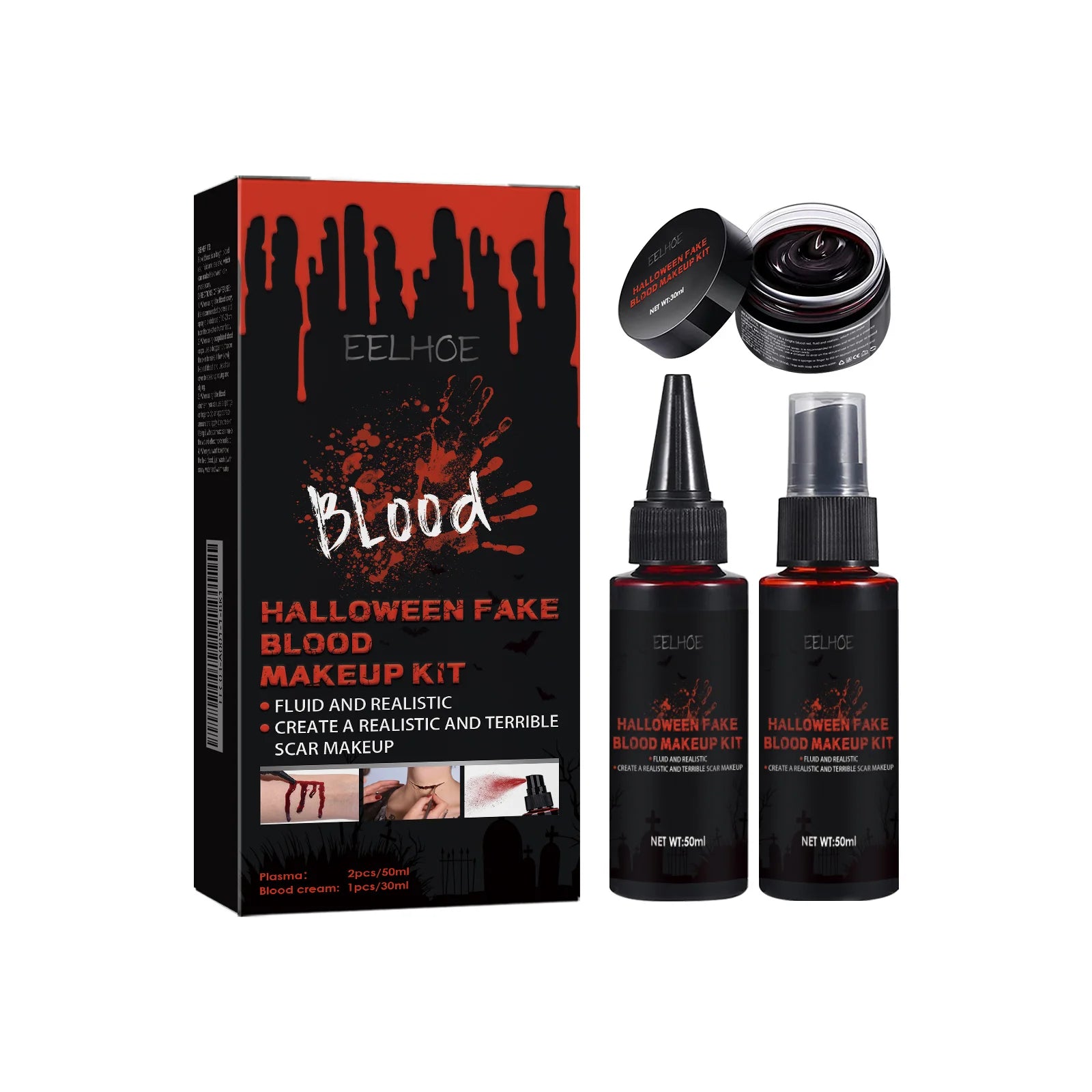 Halloween Fake Blood Makeup Kit Realistic Washable SFX Coagulated Blood Spray Cream For Cosplay Zombie Vampire Costume Party Qme 1 Set