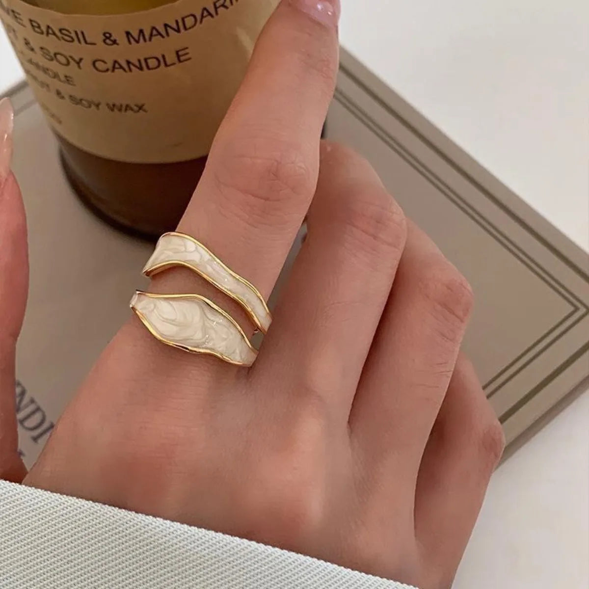 1pcs Drop Glaze Wedding Rings Women Couples New Fashion Elegant Double-layered Irregular Geometric Handmade Party Jewelry Gifts Qme