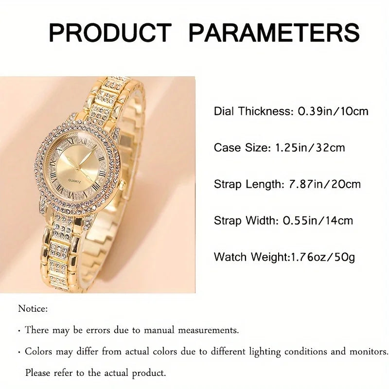 Women Watches Golden Tone Alloy Quartz Watch Stylish Rhinestone Bling Dress Watch Wristwatches, For Xmas Qme