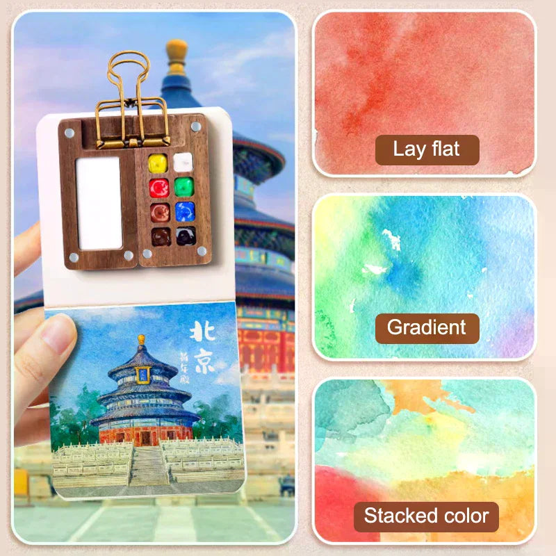 Mini Walnut Wood Watercolor Palette Portable Paint Box Clip Travel Qme