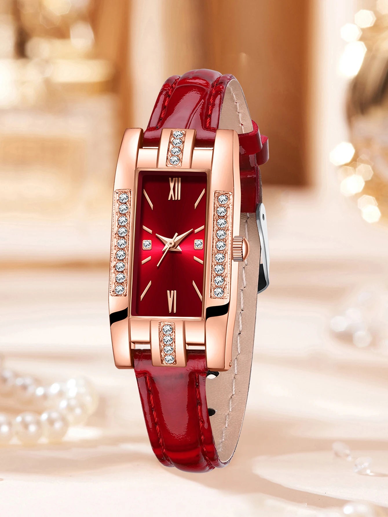 Rose gold diamond encrusted rectangular women's leather strap watch, available in red and green colors, vintage Roman stone watc Qme