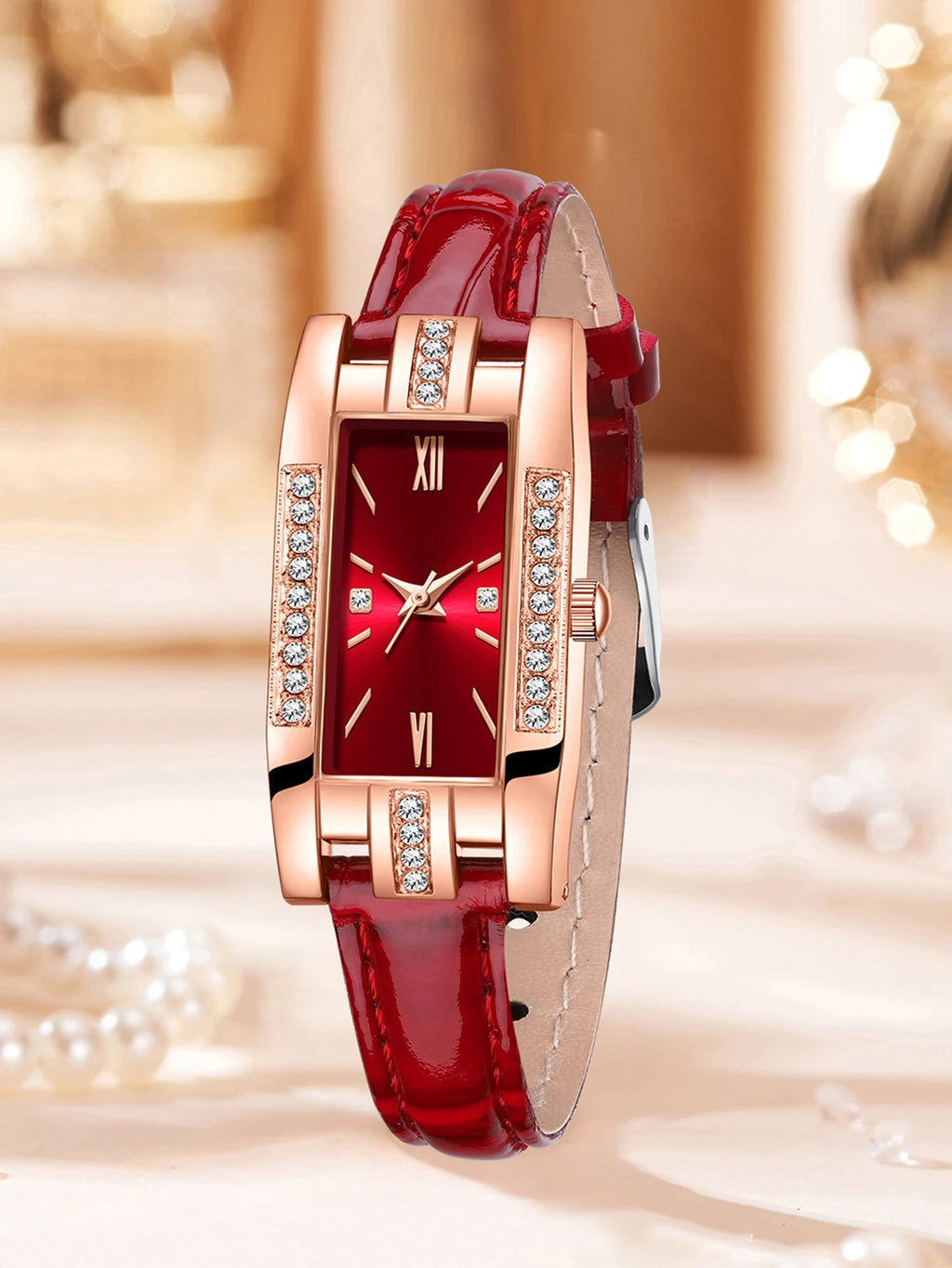 Rose gold diamond encrusted rectangular women's leather strap watch, available in red and green colors, vintage Roman stone watc Qme