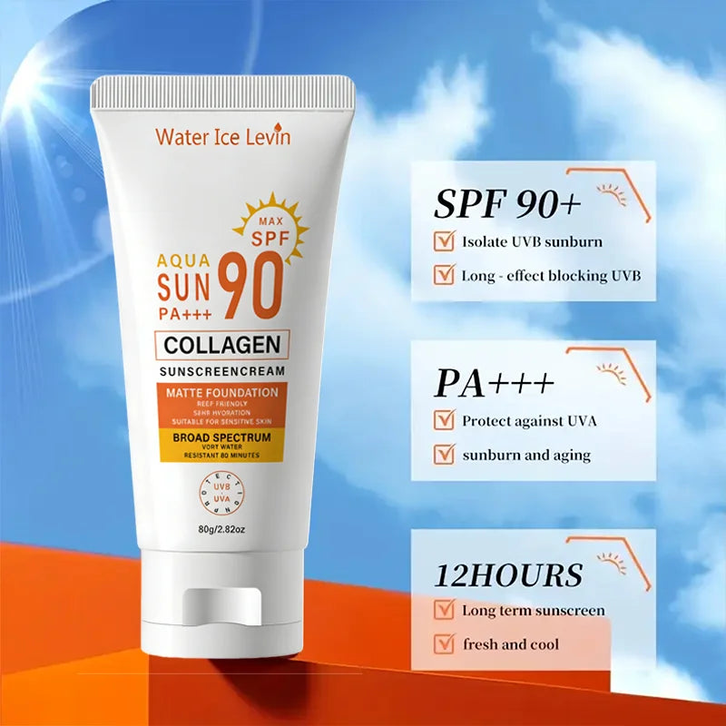 SPF 90 Collagen Sunscreen Cream, Matte Finish, Reef Friendly, 36H Hydration for Sensitive Skin Qme