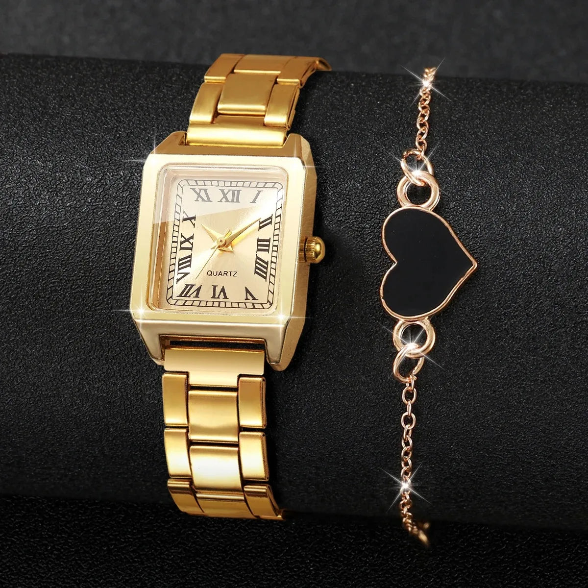 Luxury Gold Tone Women Watch Set Square Dial Quartz Wristwatch with Black Heart Charm Bracelet Female Dress Jewelry Gift Set Qme