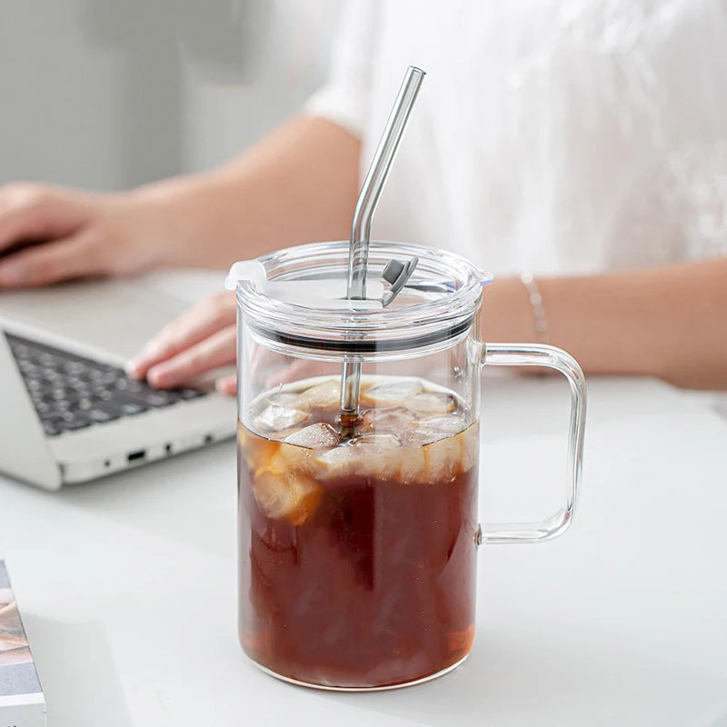 Drinking Glass Tumbler Lid Straw Coffee Cup Mug Milk Juice Qme