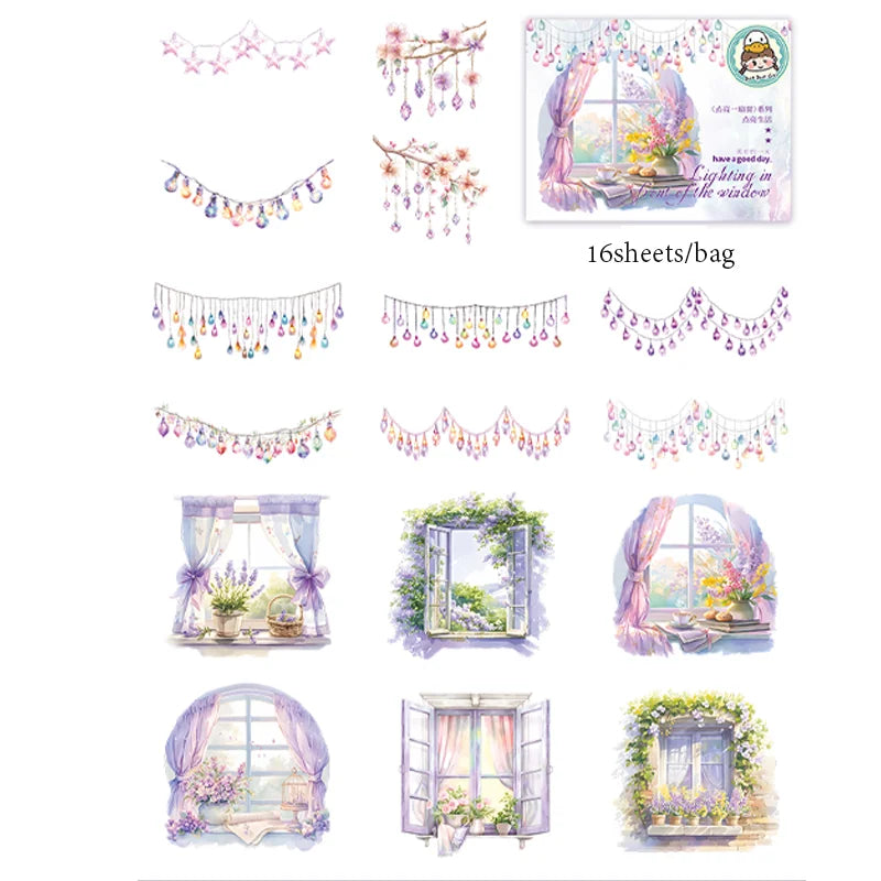 16 Sheets/Bag Window Frame Light Fringe PET Stickers Pack for Scrapbook Journal DIY Planner Phone Case Notebook Decoration Gift Qme 1