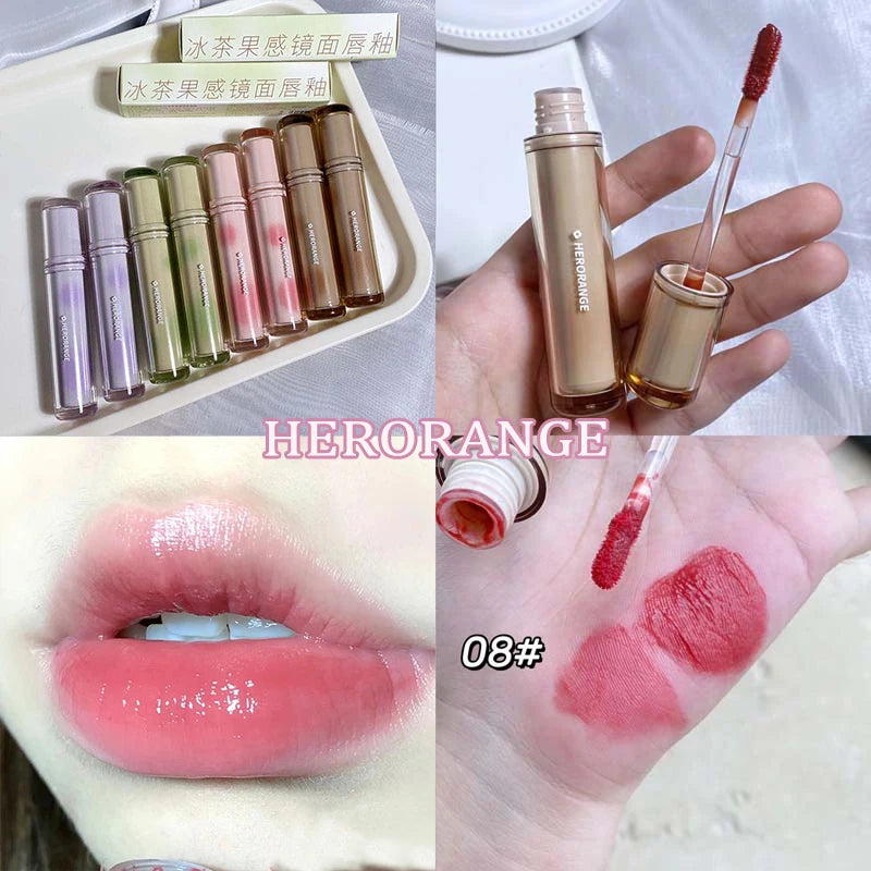 Iced Tea Mirror Lip Glaze Watery Lip Gloss Waterproof Lasting Transparent Jelly Liquid Lipstick Womon Beauty Makeup Lip Cosmetic Qme 08 HERORANGE