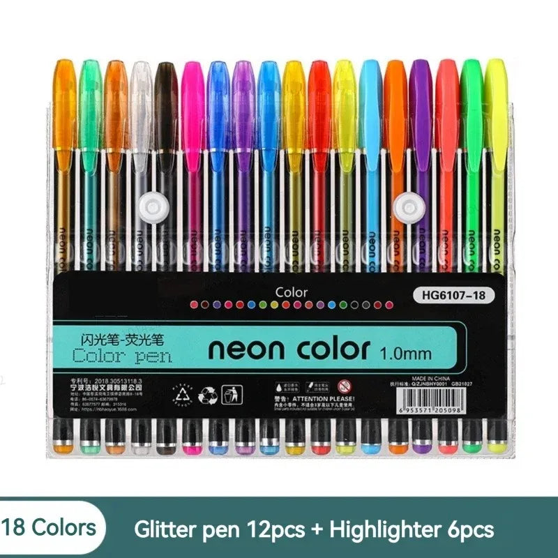 12-60Pcs Metallic Glitter Colors Gel Pens & Pen Refills For School Office Adult Coloring Book Journals Drawing Art Markers Qme 18 Colors Pen