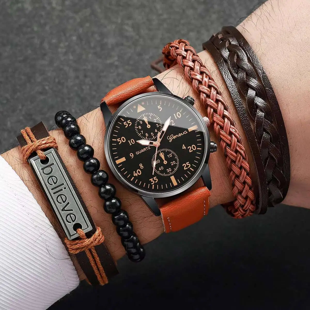 Creative, personalized, business, leisure, fake, three eyed PU belt, quartz watch, student watch, exquisite dial, night light Qme