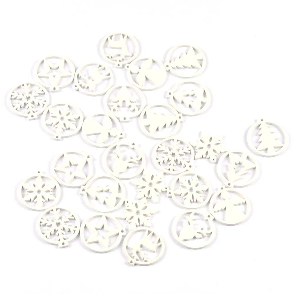30Pcs Christmas Round White Snowflake Tree Angel Wooden Pendant Hanging Oranments DIY Handmade Supplies Xmas Home Party Decor Qme
