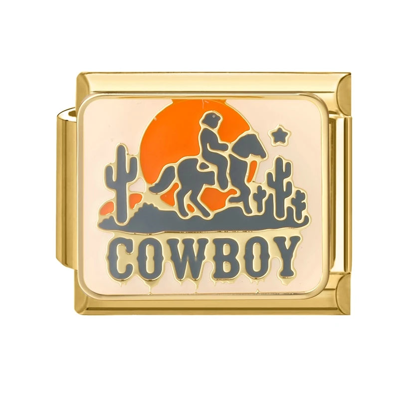 2026 New Golden Cowboy Horse Cowgirls Boots Hat Guitar Star Car Italian Charm Fit 9mm Stainless Steel Bracelet Jewelry DIY Gifts Qme Style 10