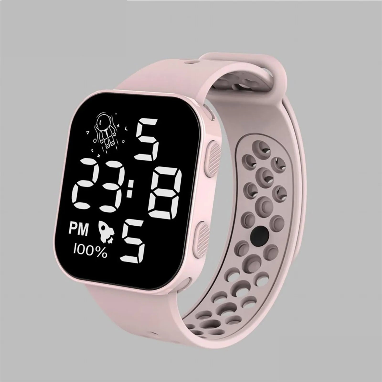 Children’s Solid Color Simple Fashion And Breathable Silicone Strap With Led Display Square Dial Calender Electronic Sport Watch Qme Pink