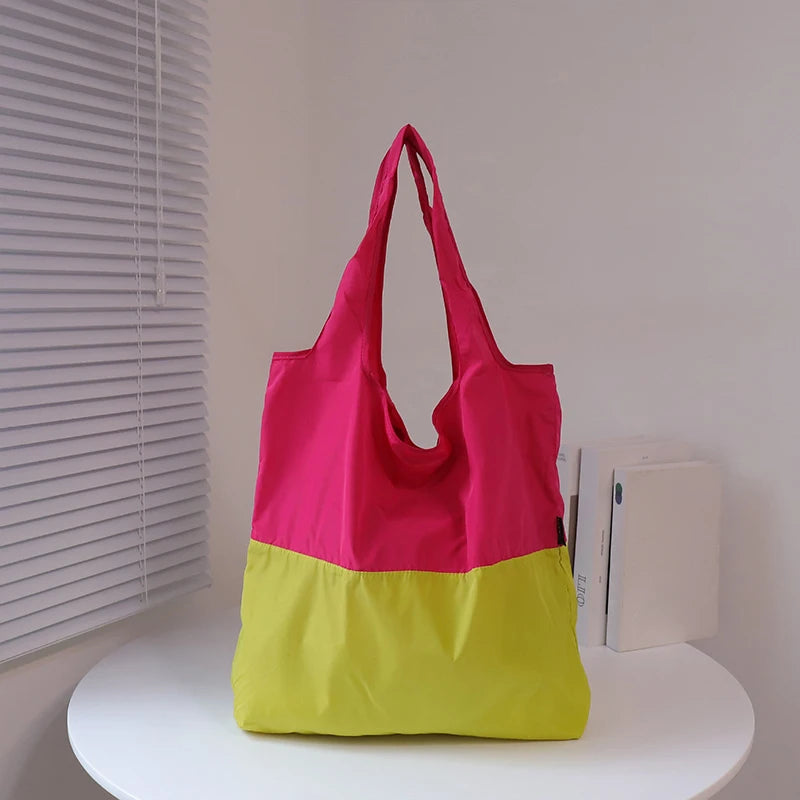 Color-block Patchwork Foldable Shopping Bag Eco-friendly Large Capacity Portable Waterproof Shoulder Bag Qme Rose red one size