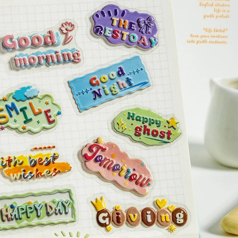 Simulated Ceramic Texture Flat Stickers, Dopamine Color Scheme with Blessing Wishes, Ideal for Junk Journal Scrapbooking Qme