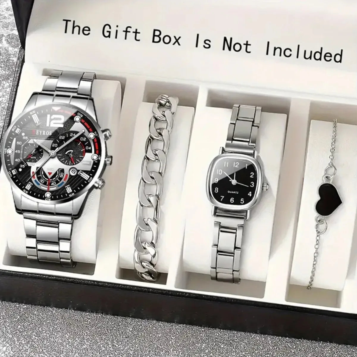 2026 4pcs/set Couple Watches ，Quartz Watch Date Display Men's Wrist Watch， Alloy Strap Round Square Dial Watches for Men Qme As shown D