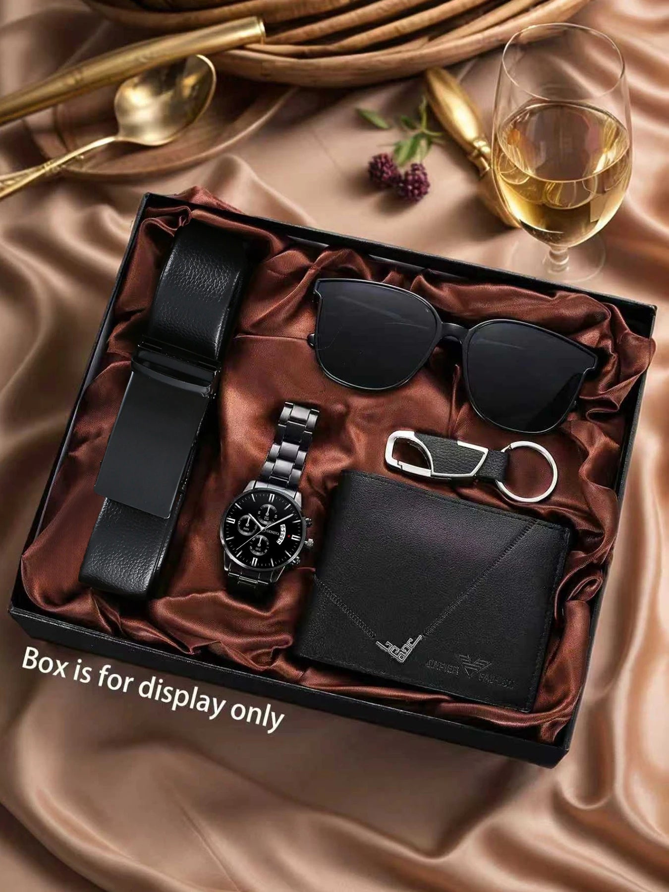 Luxury 5Pcs Men Gift Set Chronograph Watch Leather Wallet Belt Sunglasses Keychain Qme Multicolor