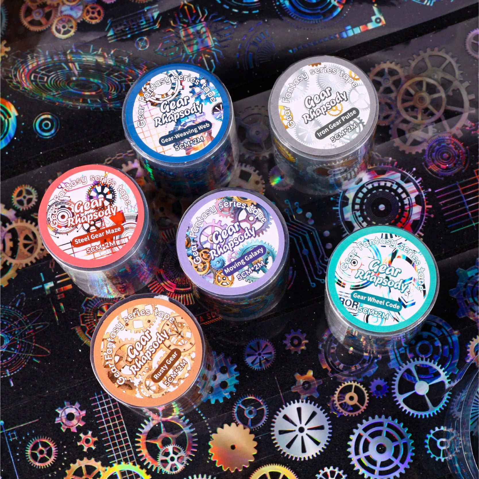 1 Roll Rainbow Gear PET Tape for Scrapbooking Journal DIY Decoration, Phone Case, Laptop, Collage Art Supplies Qme