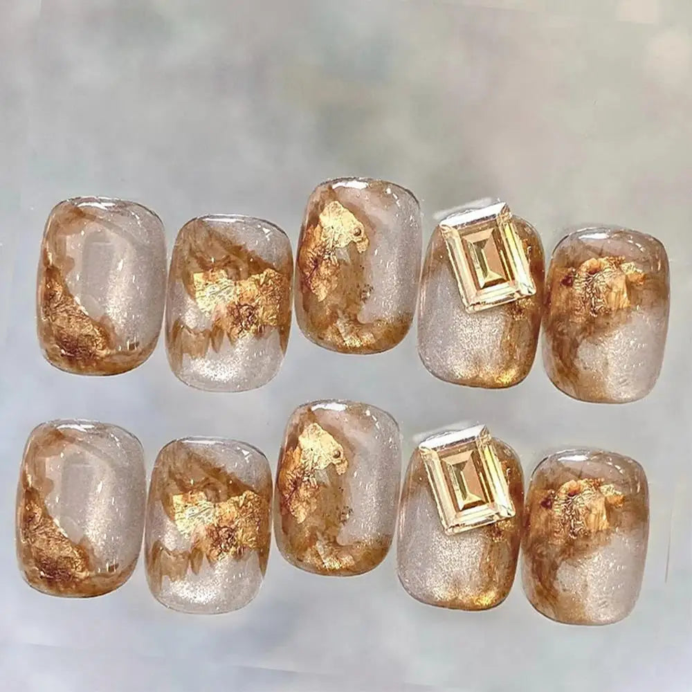 Autumn Winter Amber Brown Gold Foil Removable False Nails Square Qme
