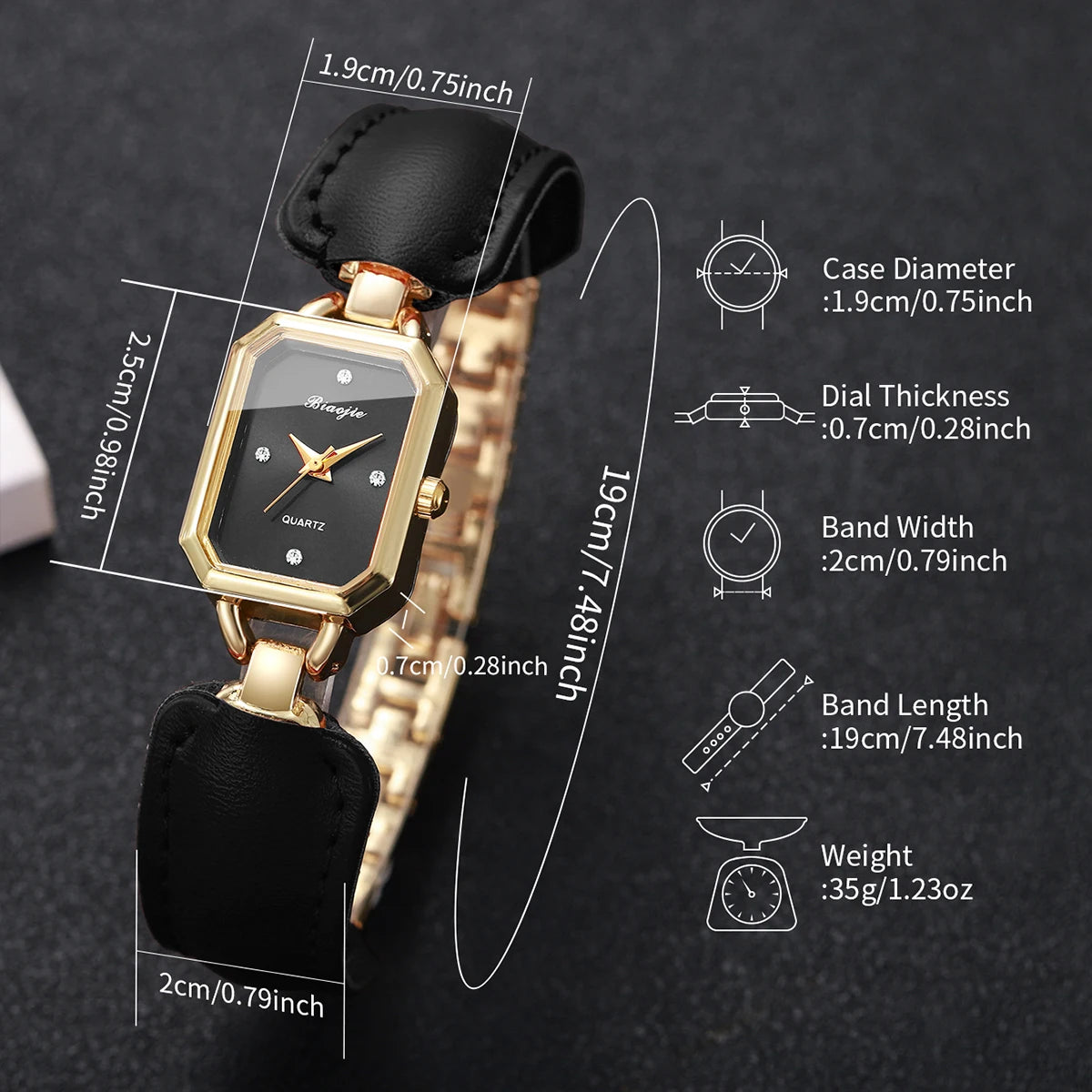Women Small Rectangle Dial Quartz Wrist Watch Black Leather Strap Rhinestone Index Elegant Casual Ladies Dress Wristwatch Gift Qme