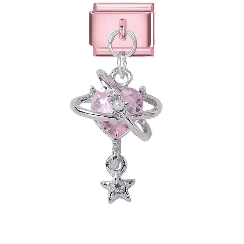 Wholesale Butterfly Bow Stars Love Heart Key Planet Shiny CZ Flower Italian Charms Fit 9mm Stainless Steel Bracelets Jewelrys Qme Style 17