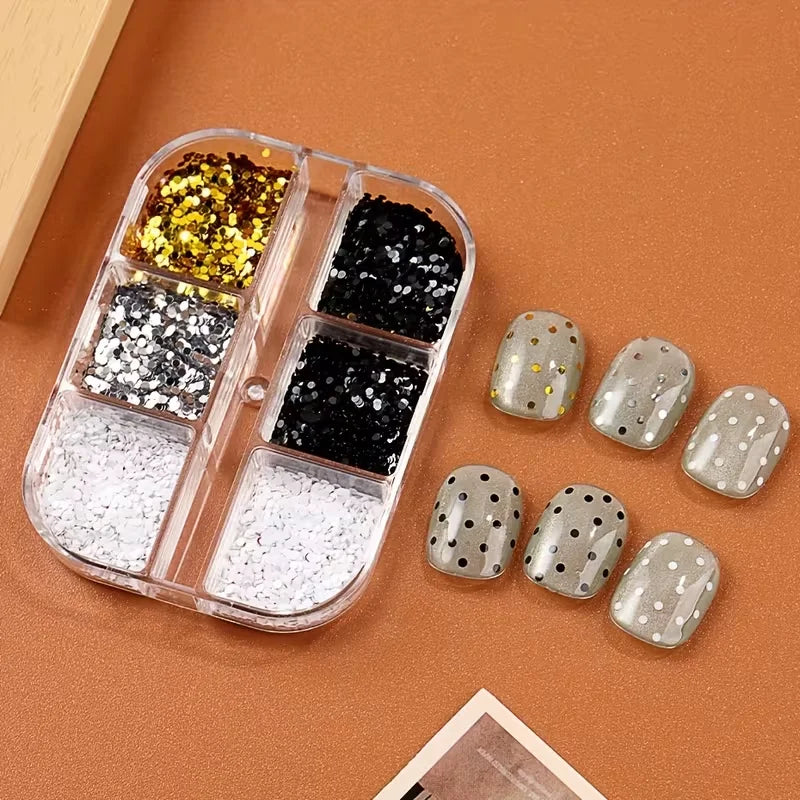 6-compartment Mixed-size Round Nail Art Glitter DIY Charm Decorations Qme WHITE